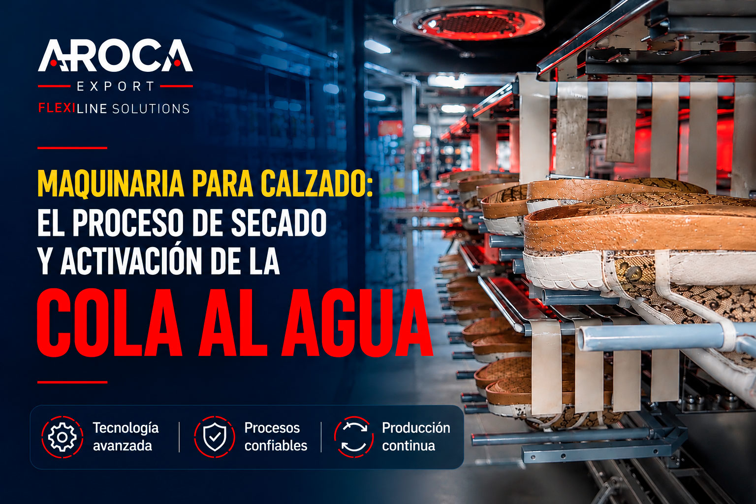 Maquinaria para calzado FlexiLine de Aroca Export para el proceso de secado y activación de cola al agua en la fabricación de calzado.